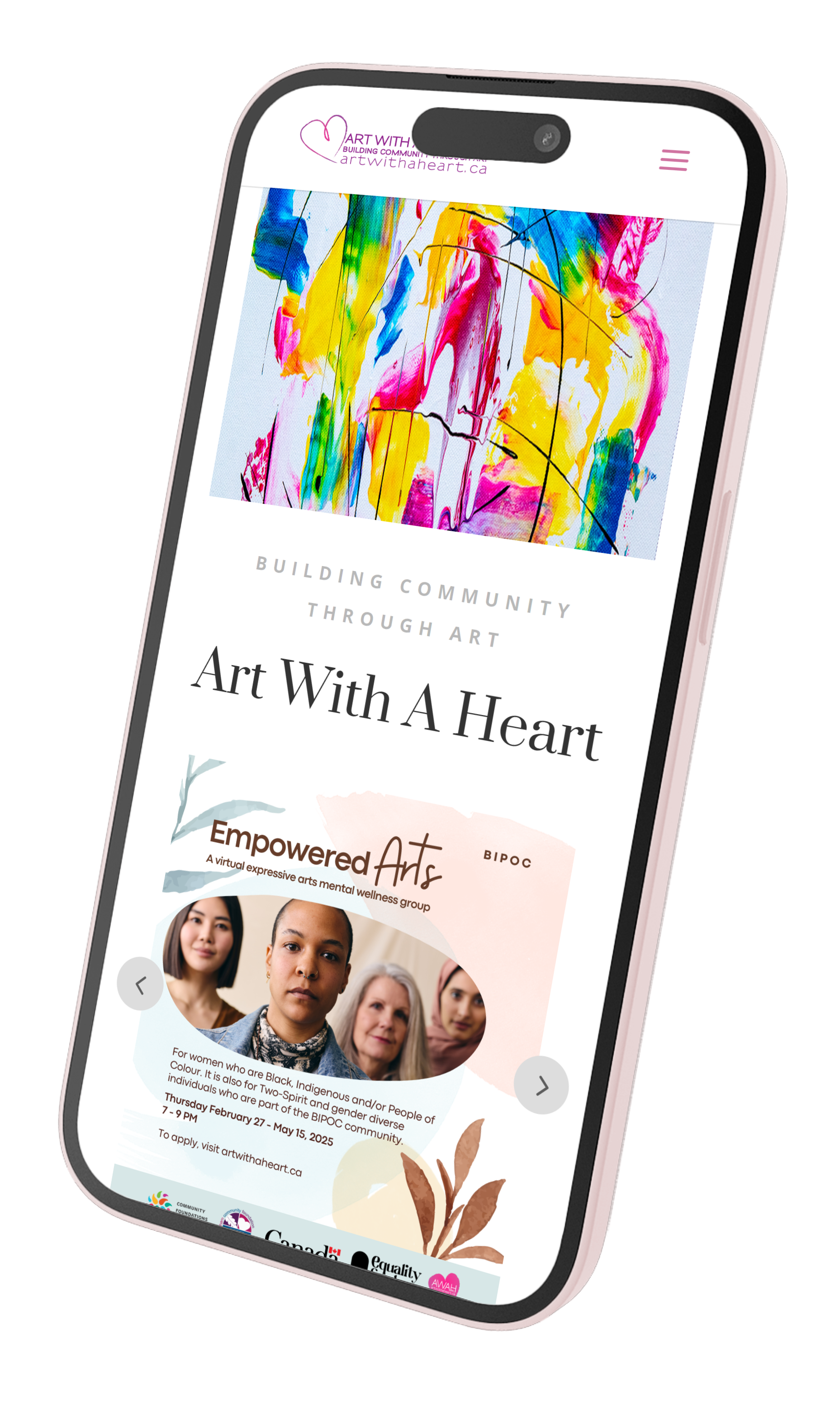 Image of Art With A Heart, home page. Web development by Karl Damus.