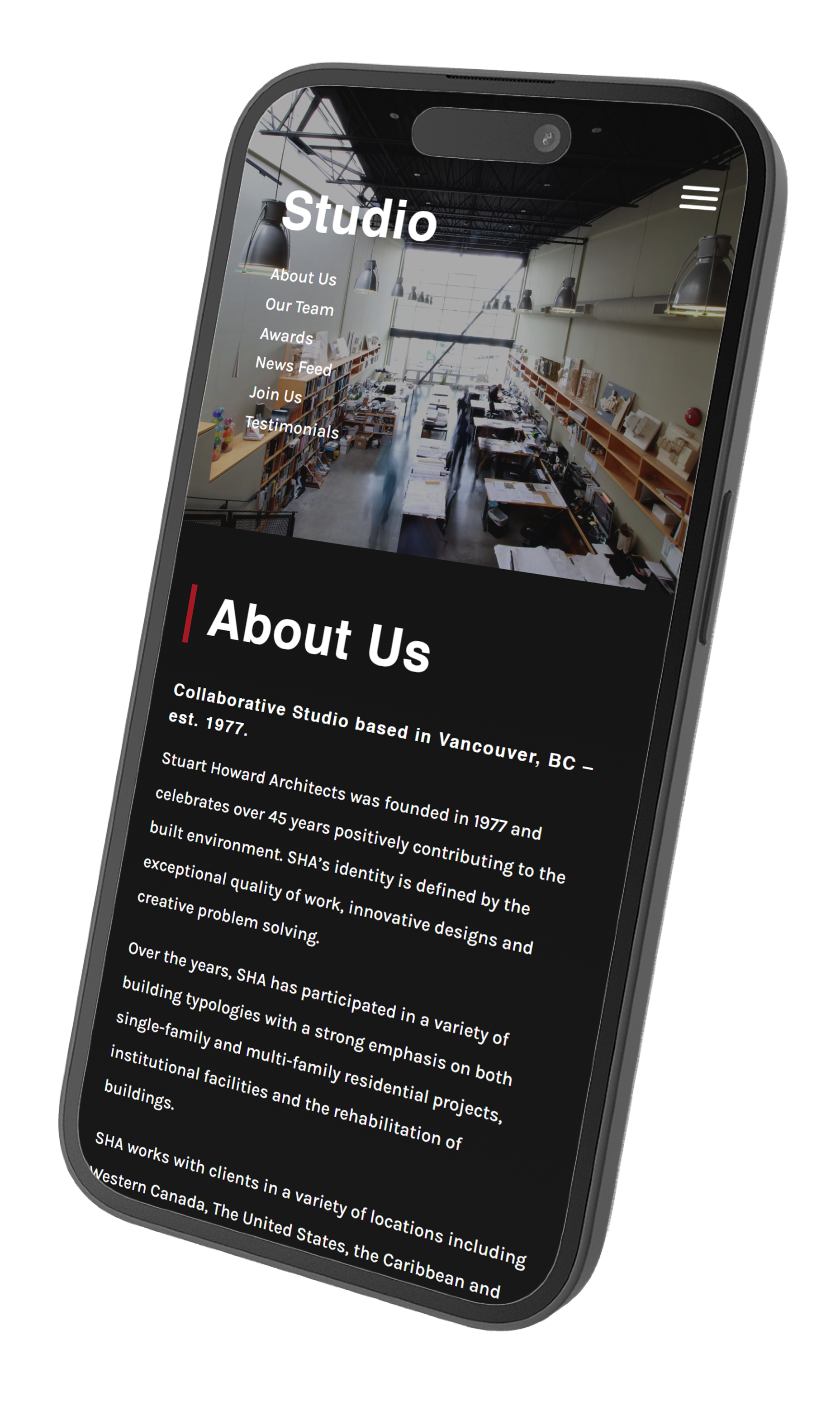 Image of Stuart Howard Architects, studio page. Web development by Karl Damus.
